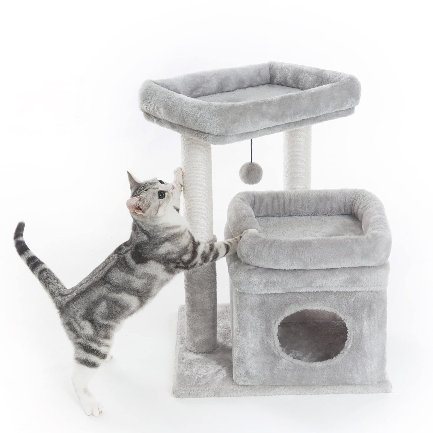 Cat Tree, Small Cat Tower with Dangling Ball and Perch Light Gray