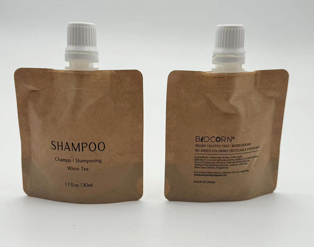 BIOCORN Shampoo Recyclable Kraft Paper Pouch Bag (100 / 200 Pack, 1.1oz/30ml)