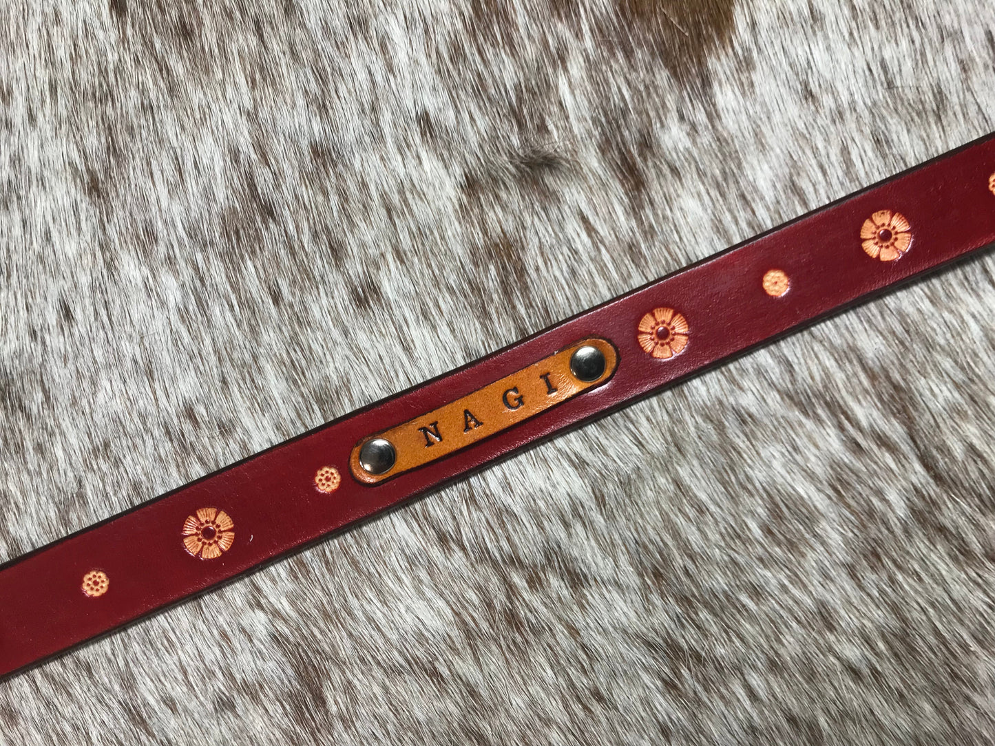 Hand carved flower pattern leather collar - small to medium dogs