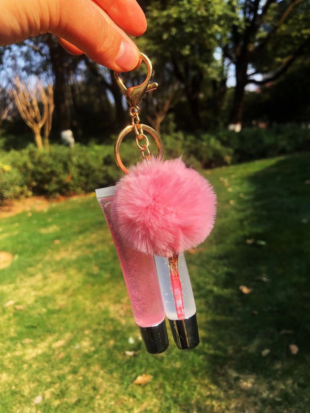 Pompom Fruit Vegan Glitter Flower Natural Keychain Lip Gloss