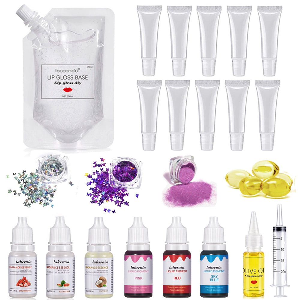 DIY Lip Gloss Kit Moisturizing Clear Lip Gloss Base Gel 100ml with Lip gloss Tubes Pigment Powder Glitter Flavor Essence Oils