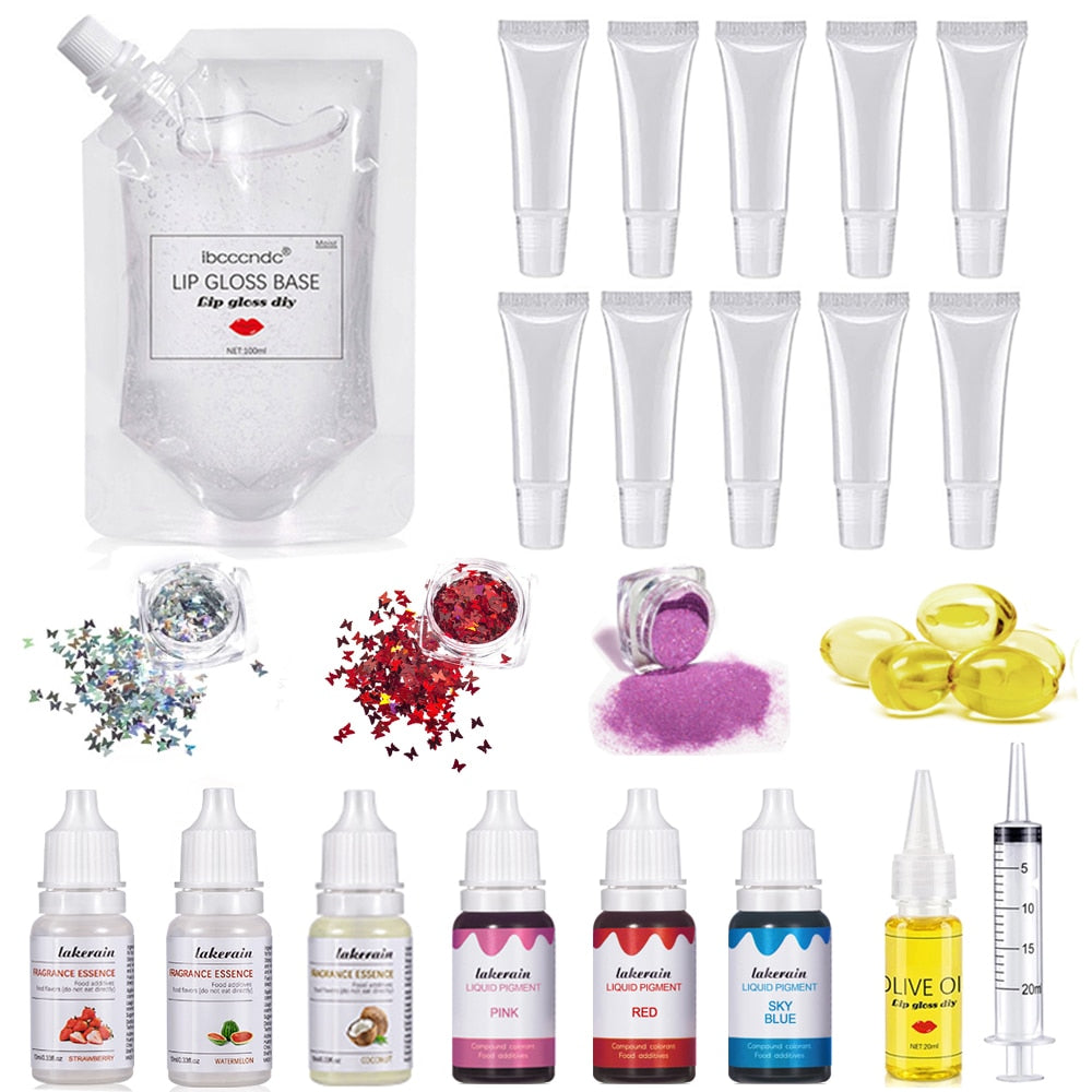 DIY Lip Gloss Kit Moisturizing Clear Lip Gloss Base Gel 100ml with Lip gloss Tubes Pigment Powder Glitter Flavor Essence Oils